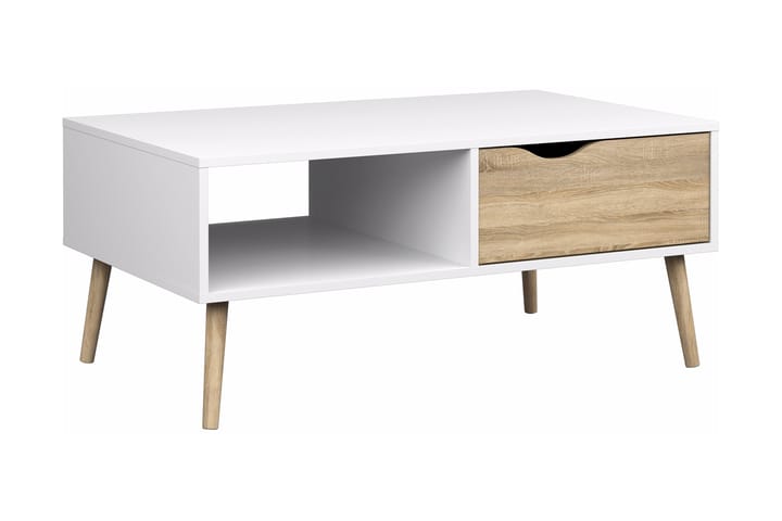 Sohvapöytä Vasiliki 99 cm Säilytyksellä Laatikko+Hylly - Valkoinen/Tammenväri - Sohvapöytä