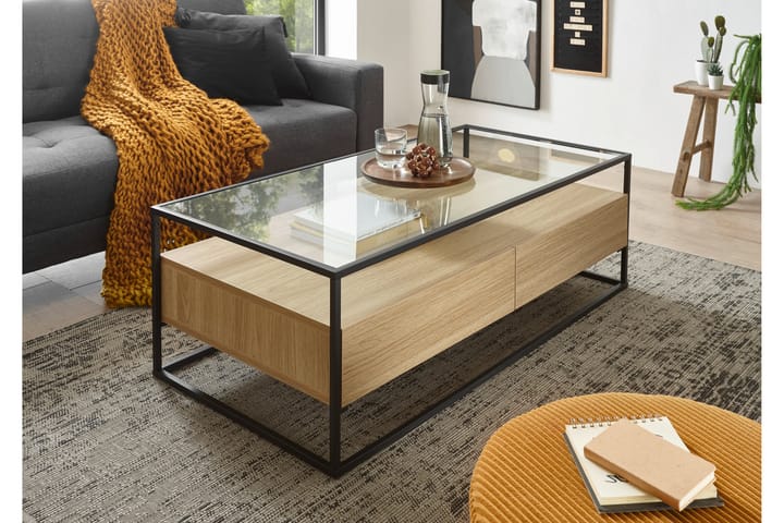 Sohvapöytä Pitlik 120 cm Säilytyksellä 2 laatikkoa+Hylly - Lasi/Tammikoriste/Musta - Sohvapöytä