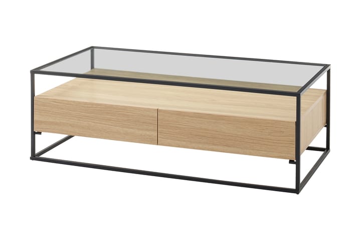 Sohvapöytä Pitlik 120 cm Säilytyksellä 2 laatikkoa+Hylly - Lasi/Tammikoriste/Musta - Sohvapöytä