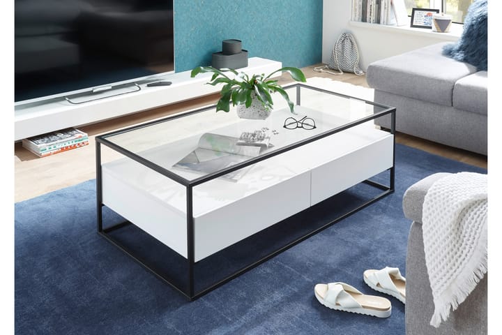 Sohvapöytä Pitlik 120 cm Säilytyksellä 2 laatikkoa+Hylly - Lasi/Valkoinen - Sohvapöytä