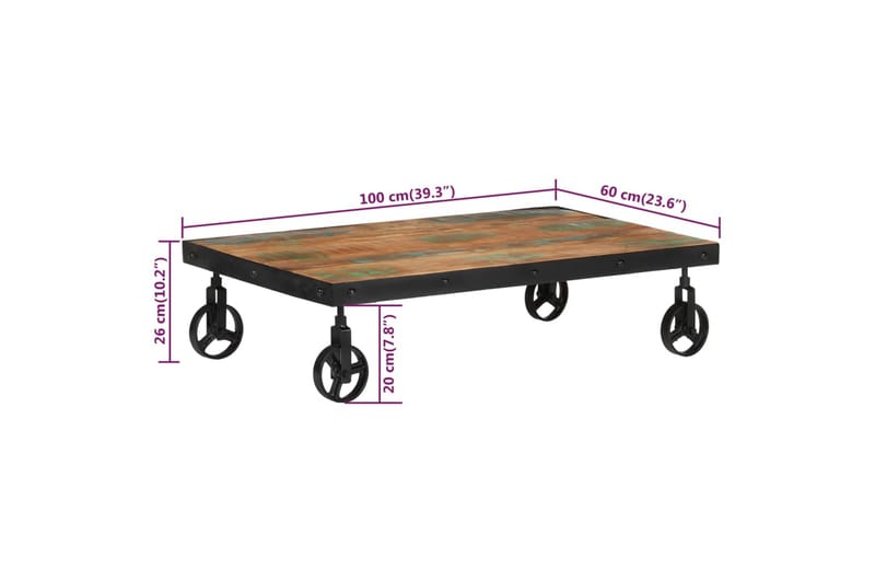 Sohvapöytä pyörillä 100x60x26 cm kierrätetty täyspuu - Ruskea - Huonekalut - Pöytä & ruokailuryhmä - Sohvapöytä
