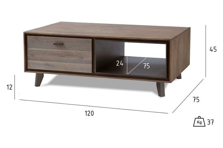 Sohvapöytä Periana 120 cm Säilytyksellä Hylly+laatikot - Akaasia/Beige/Harmaa - Sohvapöytä