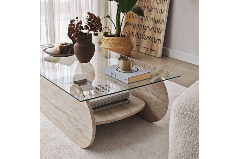 Sohvapöytä Tevrin Travertiini / Läpinäkyvä - Travertiini / Läpinäkyvä - Huonekalut - Pöytä & ruokailuryhmä - Sohvapöytä