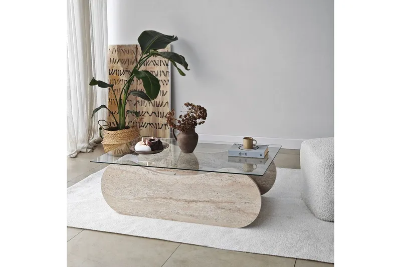 Sohvapöytä Tevrin Travertiini / Läpinäkyvä - Travertiini / Läpinäkyvä - Huonekalut - Pöytä & ruokailuryhmä - Sohvapöytä