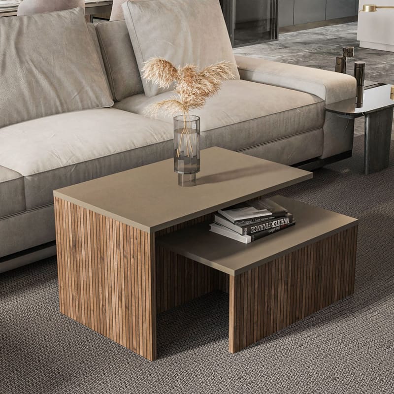 Vumira Sarjapöytä 2 osaa 72 cm - taupe ja tammi - Huonekalut - Pöytä & ruokailuryhmä - Sohvapöytä - Arkkupöytä