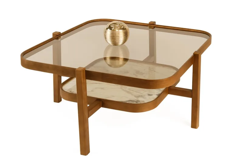 Sohvapöytä Wallxpert Olimpus (90 x 48 x 90 cm) Pähkinä valkoinen marmori, Pähkinä ja valkoinen marmori