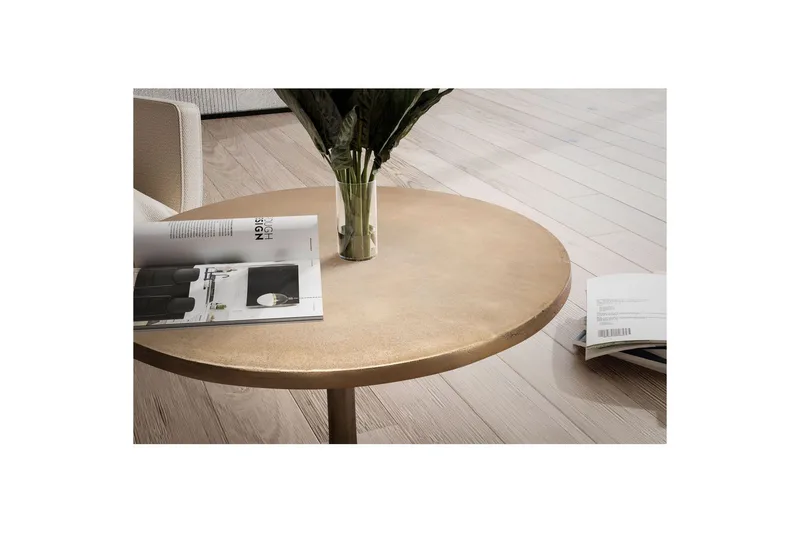 Sohvapöytä Wohnling 60 cm pyöreä kullanvärinen metallirunko, teollinen tyyli - Huonekalut - Pöytä & ruokailuryhmä - Sohvapöytä