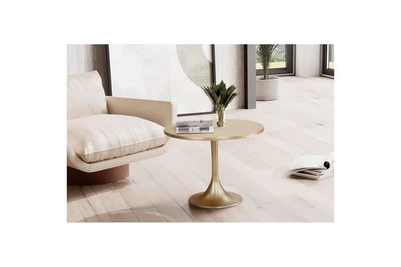 Sohvapöytä Wohnling 60 cm pyöreä kullanvärinen metallirunko, teollinen tyyli - Huonekalut - Pöytä & ruokailuryhmä - Sohvapöytä