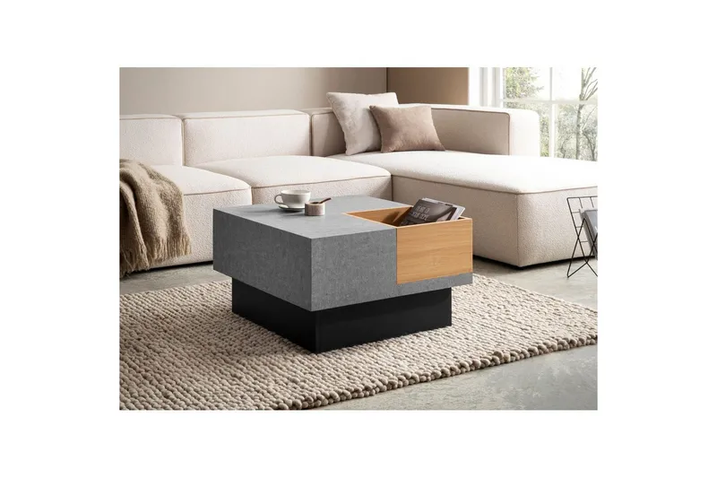 Sohvapöytä Wohnling Betonin näköinen, neliö 65 cm, säilytystila, moderni ilme - Huonekalut - Pöytä & ruokailuryhmä - Sohvapöytä