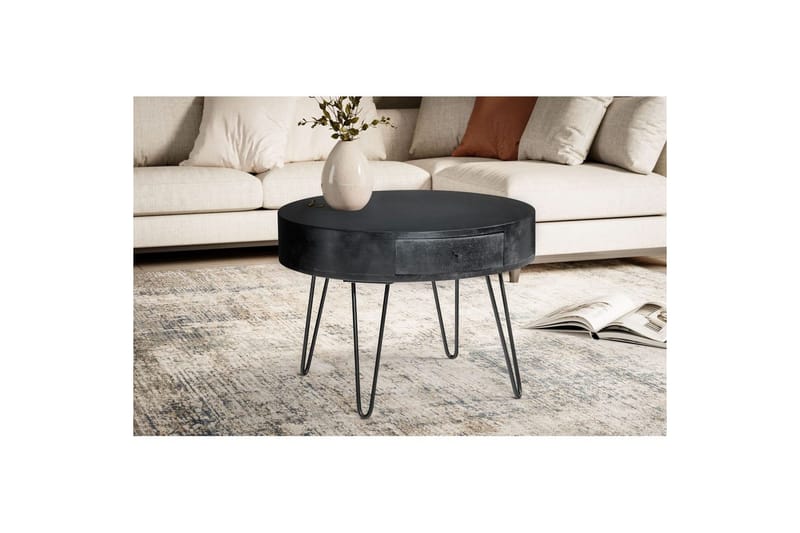 Sohvapöytä Wohnling kokopuuta 60 cm pyöreä laatikolla, maalaismainen tyyli Musta - Musta - Huonekalut - Pöytä & ruokailuryhmä - Sohvapöytä