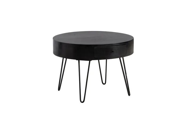 Sohvapöytä Wohnling kokopuuta 60 cm pyöreä laatikolla, maalaismainen tyyli Musta, Musta