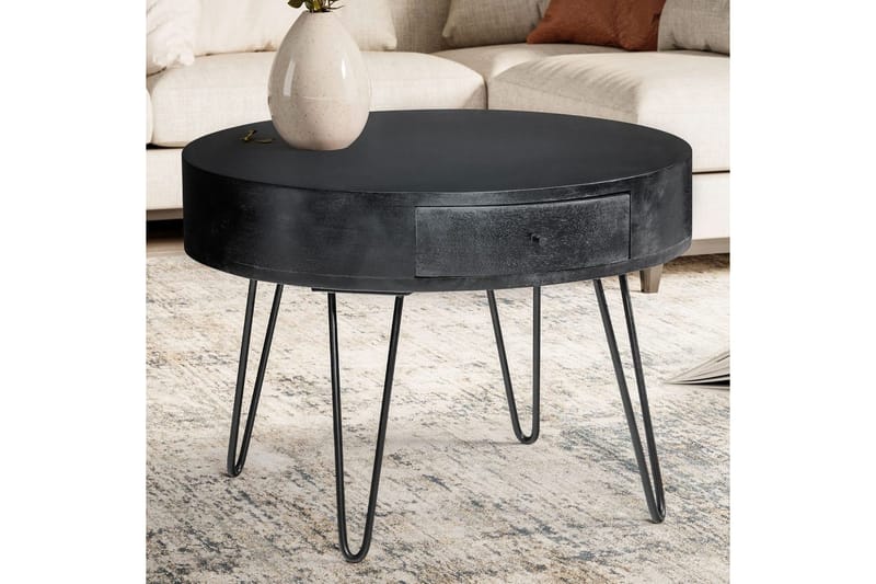 Sohvapöytä Wohnling kokopuuta 60 cm pyöreä laatikolla, maalaismainen tyyli Musta - Musta - Huonekalut - Pöytä & ruokailuryhmä - Sohvapöytä