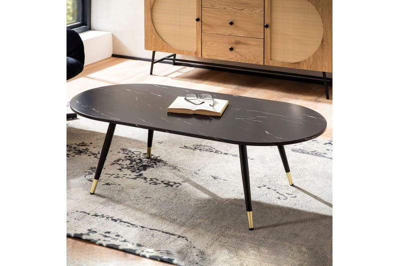 Sohvapöytä Wohnling marmori-ilme 120 cm, ovaali moderni tyyli Musta marmori - Musta marmori - Huonekalut - Pöytä & ruokailuryhmä - Sohvapöytä