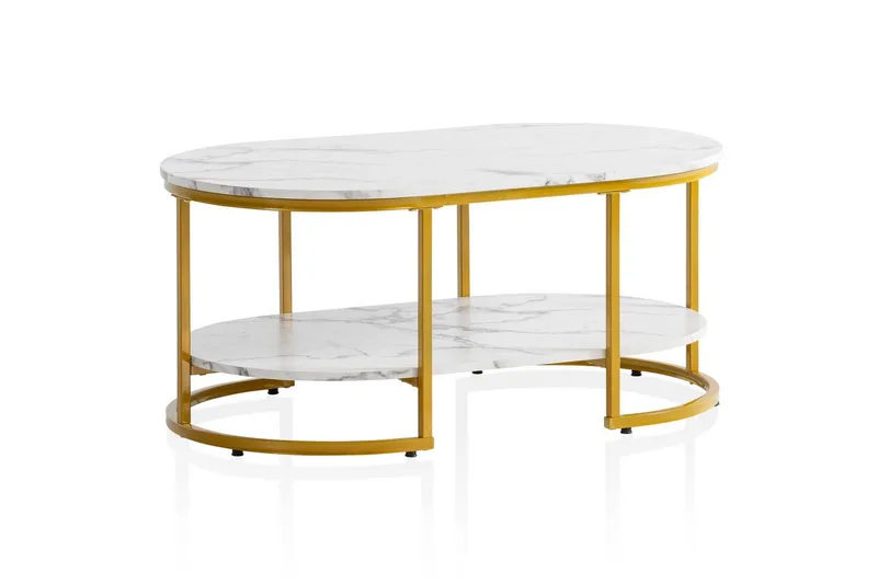 Sohvapöytä Wohnling marmorikuvio, ovaali 100 cm, säilytyshyllyllä, Bauhaus-tyyli Marmori valkoinen, Marmori valkoinen
