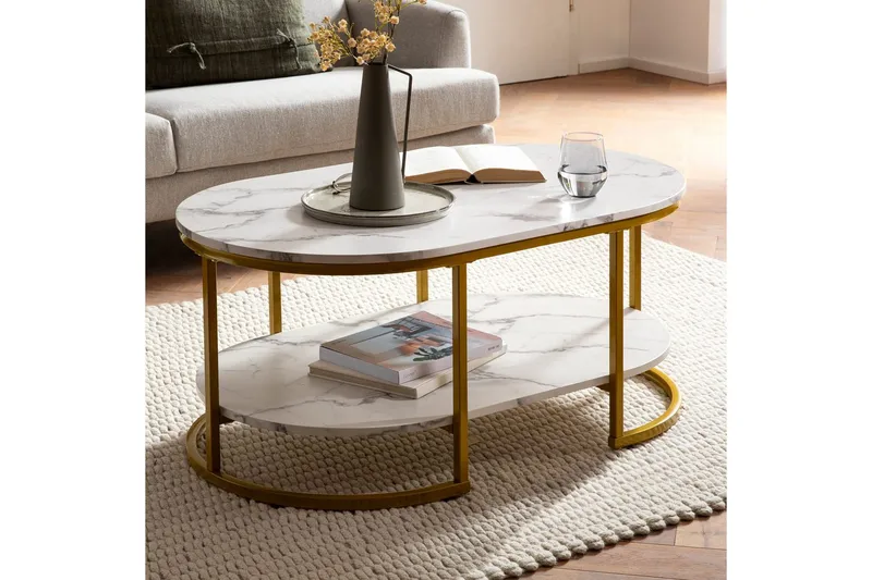 Sohvapöytä Wohnling marmorikuvio, ovaali 100 cm, säilytyshyllyllä, Bauhaus-tyyli Marmori valkoinen - Marmori valkoinen - Huonekalut - Pöytä & ruokailuryhmä - Sohvapöytä