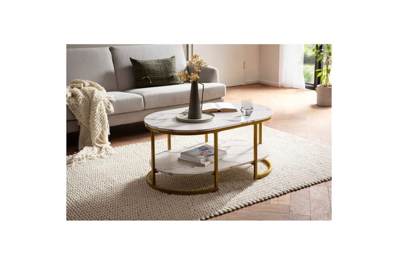 Sohvapöytä Wohnling marmorikuvio, ovaali 100 cm, säilytyshyllyllä, Bauhaus-tyyli Marmori valkoinen - Marmori valkoinen - Huonekalut - Pöytä & ruokailuryhmä - Sohvapöytä