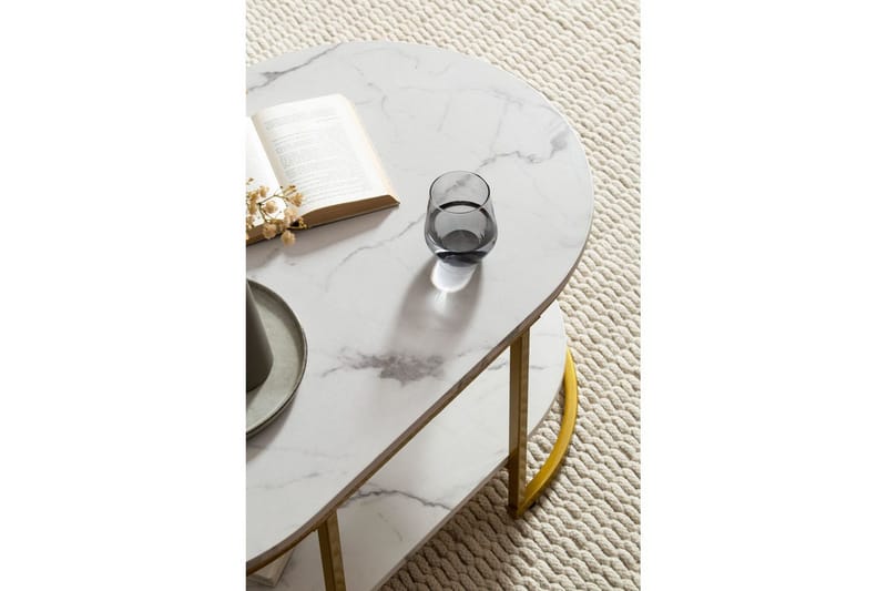 Sohvapöytä Wohnling marmorikuvio, ovaali 100 cm, säilytyshyllyllä, Bauhaus-tyyli Marmori valkoinen - Marmori valkoinen - Huonekalut - Pöytä & ruokailuryhmä - Sohvapöytä