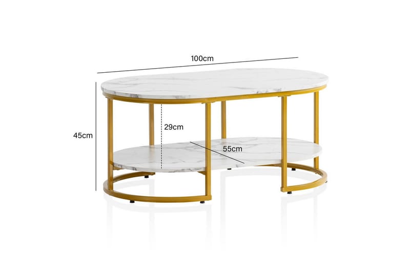Sohvapöytä Wohnling marmorikuvio, ovaali 100 cm, säilytyshyllyllä, Bauhaus-tyyli Marmori valkoinen - Marmori valkoinen - Huonekalut - Pöytä & ruokailuryhmä - Sohvapöytä