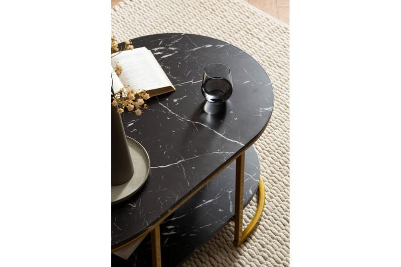 Sohvapöytä Wohnling marmorikuvio, ovaali 100 cm, säilytyshyllyllä, Bauhaus-tyyli Musta marmori - Musta marmori - Huonekalut - Pöytä & ruokailuryhmä - Sohvapöytä