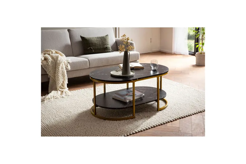 Sohvapöytä Wohnling marmorikuvio, ovaali 100 cm, säilytyshyllyllä, Bauhaus-tyyli Musta marmori - Musta marmori - Huonekalut - Pöytä & ruokailuryhmä - Marmoripöydät