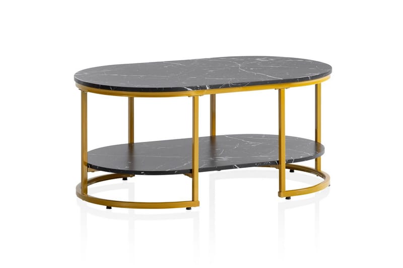 Sohvapöytä Wohnling marmorikuvio, ovaali 100 cm, säilytyshyllyllä, Bauhaus-tyyli Musta marmori, Musta marmori