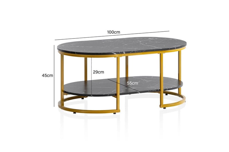 Sohvapöytä Wohnling marmorikuvio, ovaali 100 cm, säilytyshyllyllä, Bauhaus-tyyli Musta marmori - Musta marmori - Huonekalut - Pöytä & ruokailuryhmä - Sohvapöytä