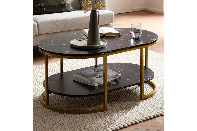 Sohvapöytä Wohnling marmorikuvio, ovaali 100 cm, säilytyshyllyllä, Bauhaus-tyyli Musta marmori - Musta marmori - Huonekalut - Pöytä & ruokailuryhmä - Sohvapöytä