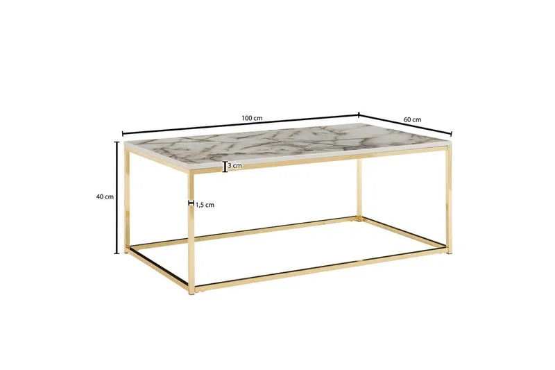Sohvapöytä Wohnling marmorityyli, suorakaiteen muotoinen, elegantti, moderni tyyli Kulta, Marmorinvalkoinen - Kulta, Marmorinvalkoinen - Huonekalut - Pöytä & ruokailuryhmä - Marmoripöydät