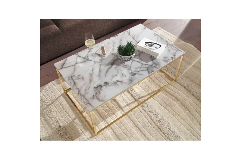 Sohvapöytä Wohnling marmorityyli, suorakaiteen muotoinen, elegantti, moderni tyyli Kulta, Marmorinvalkoinen - Kulta, Marmorinvalkoinen - Huonekalut - Pöytä & ruokailuryhmä - Marmoripöydät