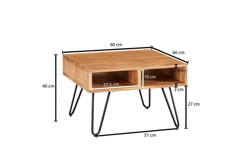 Sohvapöytä Wohnling Massiivipuu 60 cm neliö neljällä säilytyslokerikolla maalaismainen - Huonekalut - Pöytä & ruokailuryhmä - Sohvapöytä