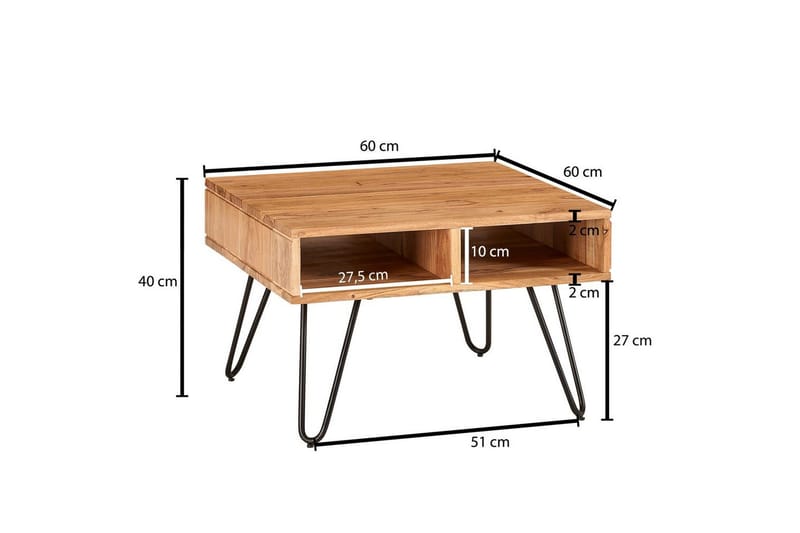 Sohvapöytä Wohnling Massiivipuu 60 cm neliö neljällä säilytyslokerikolla maalaismainen - Huonekalut - Pöytä & ruokailuryhmä - Sohvapöytä
