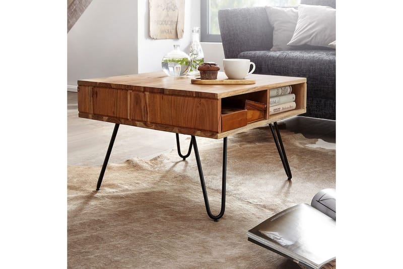 Sohvapöytä Wohnling Massiivipuu 60 cm neliö neljällä säilytyslokerikolla maalaismainen - Huonekalut - Pöytä & ruokailuryhmä - Sohvapöytä