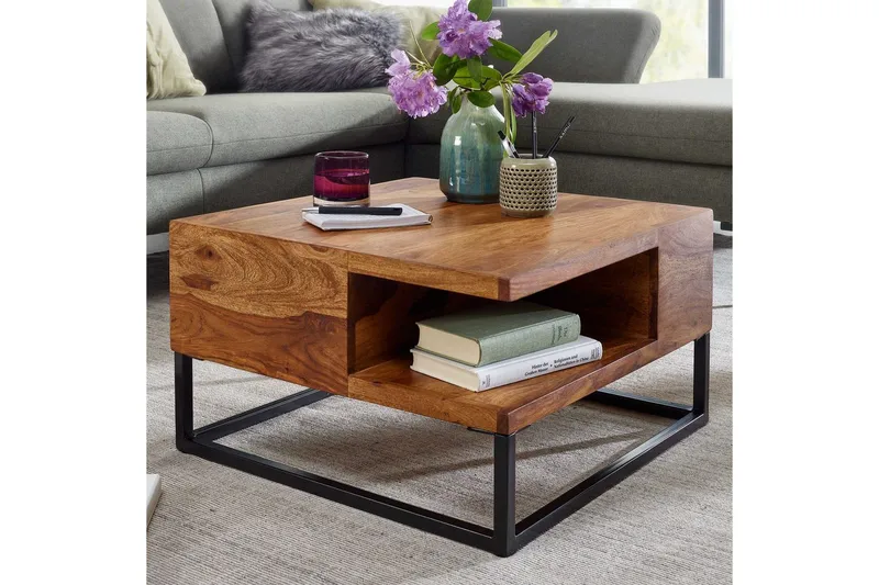 Sohvapöytä Wohnling Massiivipuu 60 cm neliö tarjottimen kanssa maalaismainen - Huonekalut - Pöytä & ruokailuryhmä - Sohvapöytä