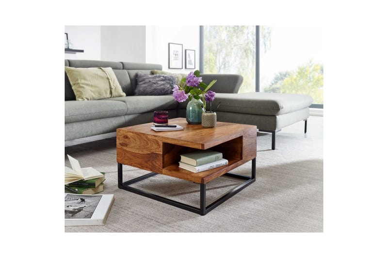 Sohvapöytä Wohnling Massiivipuu 60 cm neliö tarjottimen kanssa maalaismainen - Huonekalut - Pöytä & ruokailuryhmä - Sohvapöytä