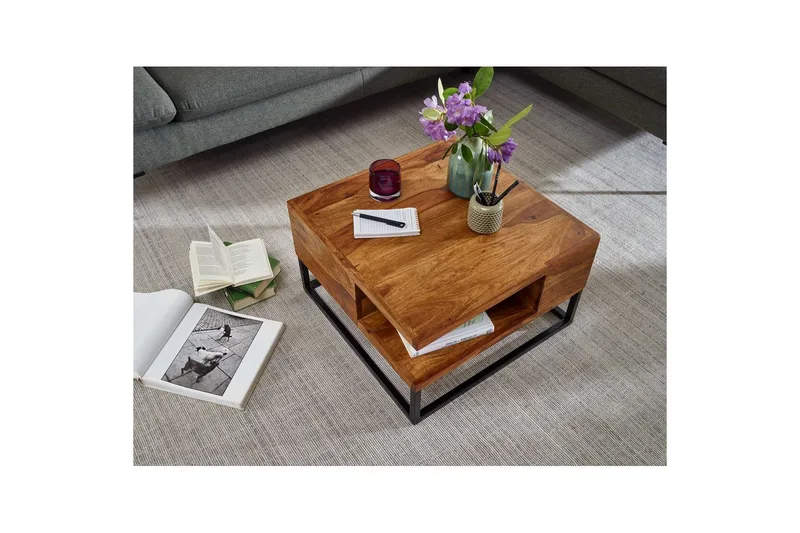 Sohvapöytä Wohnling Massiivipuu 60 cm neliö tarjottimen kanssa maalaismainen - Huonekalut - Pöytä & ruokailuryhmä - Sohvapöytä