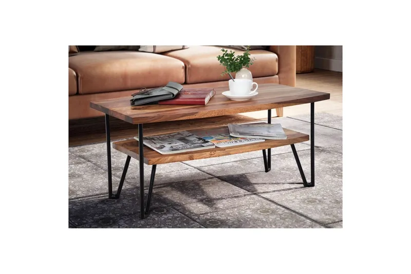 Sohvapöytä Wohnling Massiivipuu suorakulmainen tarjottimella maalaistyyli metallijalat - Huonekalut - Pöytä & ruokailuryhmä - Sohvapöytä