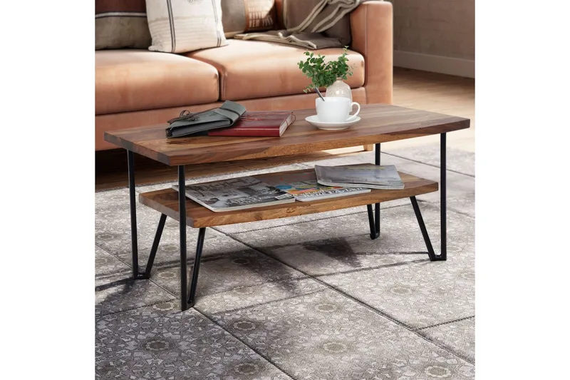 Sohvapöytä Wohnling Massiivipuu suorakulmainen tarjottimella maalaistyyli metallijalat - Huonekalut - Pöytä & ruokailuryhmä - Sohvapöytä