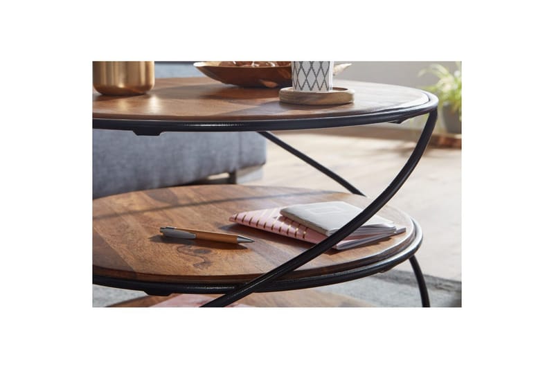 Sohvapöytä Wohnling Massiivipuu pyöreä 58 cm 2 tarjottimella ympyrämetallikehys - Huonekalut - Pöytä & ruokailuryhmä - Sohvapöytä