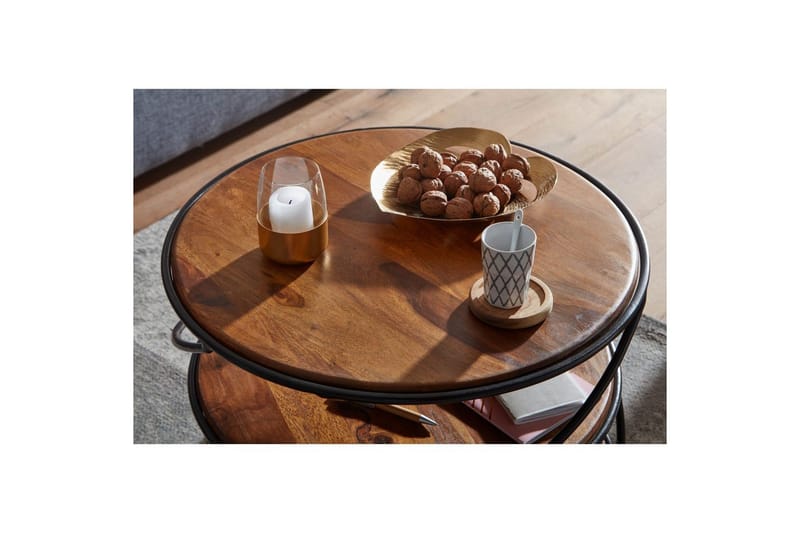 Sohvapöytä Wohnling Massiivipuu pyöreä 58 cm 2 tarjottimella ympyrämetallikehys - Huonekalut - Pöytä & ruokailuryhmä - Sohvapöytä