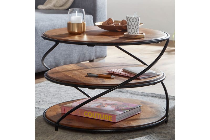 Sohvapöytä Wohnling Massiivipuu pyöreä 58 cm 2 tarjottimella ympyrämetallikehys - Huonekalut - Pöytä & ruokailuryhmä - Sohvapöytä