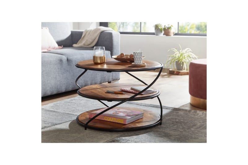 Sohvapöytä Wohnling Massiivipuu pyöreä 58 cm 2 tarjottimella ympyrämetallikehys - Huonekalut - Pöytä & ruokailuryhmä - Sohvapöytä