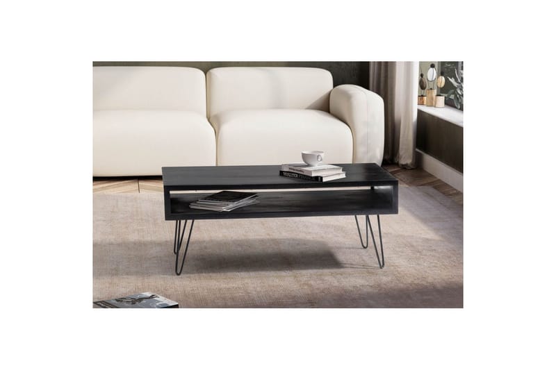 Sohvapöytä Wohnling massiivipuuta suorakaide isolla säilytystilalla, maalaismainen tyyli Musta - Musta - Huonekalut - Pöytä & ruokailuryhmä - Sohvapöytä