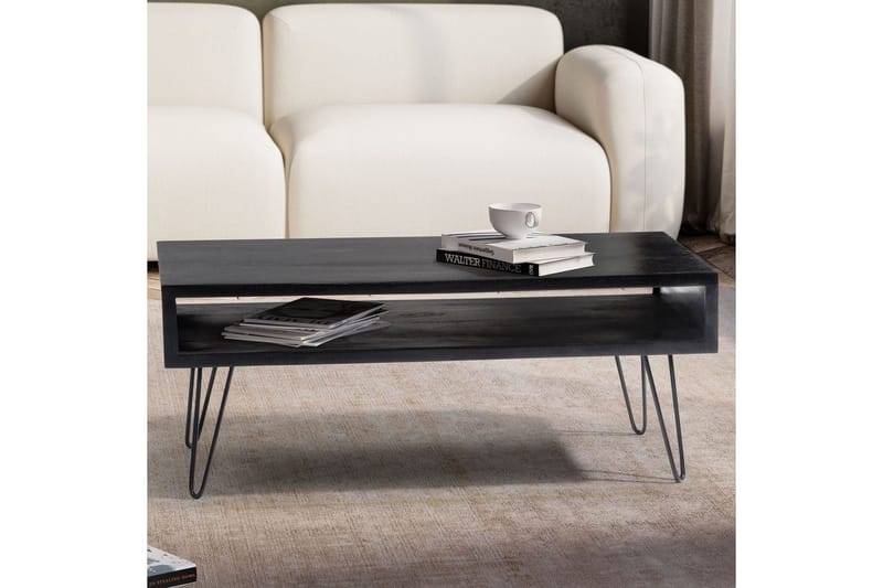 Sohvapöytä Wohnling massiivipuuta suorakaide isolla säilytystilalla, maalaismainen tyyli Musta - Musta - Huonekalut - Pöytä & ruokailuryhmä - Sohvapöytä