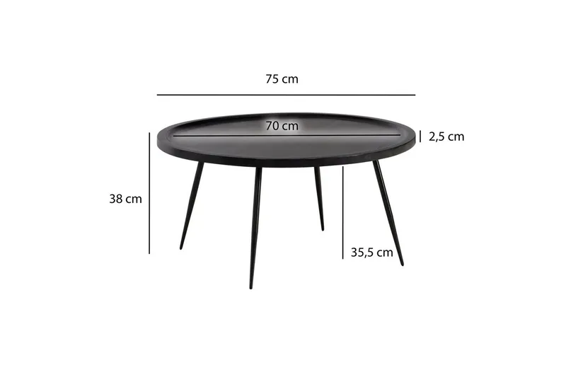 Sohvapöytä Wohnling massivipuuta, pyöreä 75 cm neulajaloilla, maalaismainen tyyli Musta - Musta - Huonekalut - Pöytä & ruokailuryhmä - Sohvapöytä