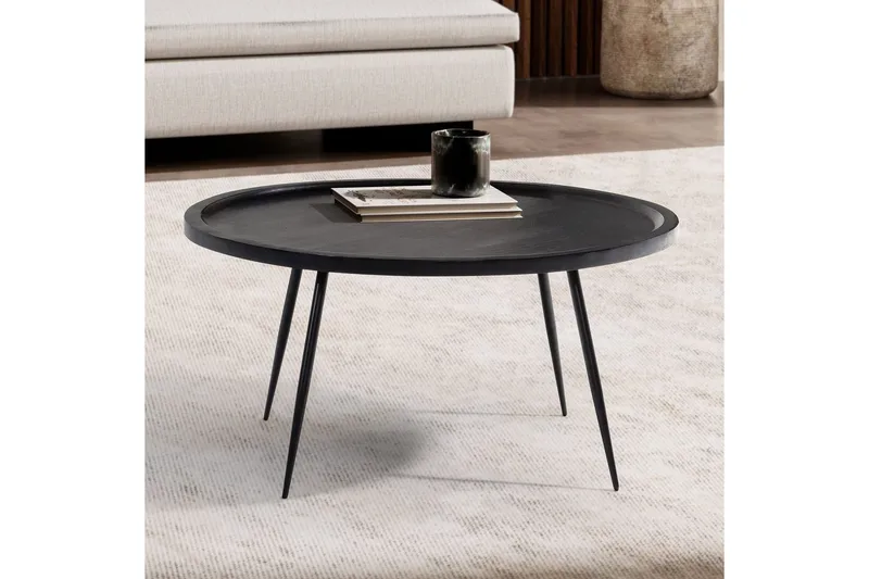 Sohvapöytä Wohnling massivipuuta, pyöreä 75 cm neulajaloilla, maalaismainen tyyli Musta - Musta - Huonekalut - Pöytä & ruokailuryhmä - Sohvapöytä