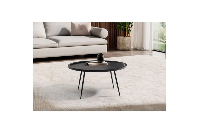 Sohvapöytä Wohnling massivipuuta, pyöreä 75 cm neulajaloilla, maalaismainen tyyli Musta - Musta - Huonekalut - Pöytä & ruokailuryhmä - Sohvapöytä