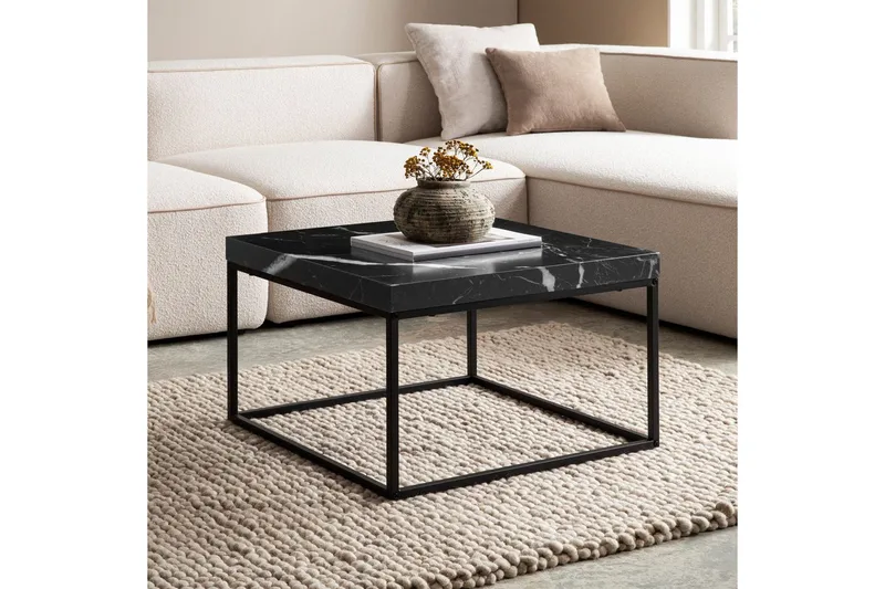 Sohvapöytä Wohnling neliö 60 cm kivinen ilme, klassinen metallikehys, moderni ulkoasu Musta marmori - Musta marmori - Huonekalut - Pöytä & ruokailuryhmä - Marmoripöydät