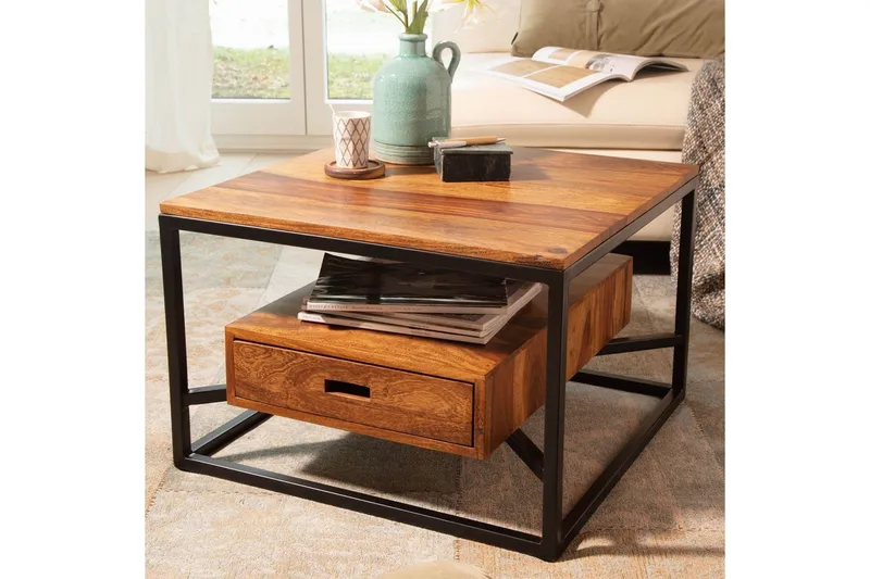 Sohvapöytä Wohnling Täyspuinen neliön muotoinen maalaismainen tyyli laatikollisella tarjottimella - Huonekalut - Pöytä & ruokailuryhmä - Sohvapöytä