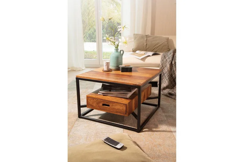 Sohvapöytä Wohnling Täyspuinen neliön muotoinen maalaismainen tyyli laatikollisella tarjottimella - Huonekalut - Pöytä & ruokailuryhmä - Sohvapöytä