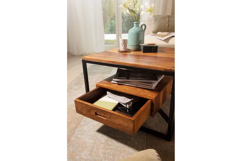 Sohvapöytä Wohnling Täyspuinen neliön muotoinen maalaismainen tyyli laatikollisella tarjottimella - Huonekalut - Pöytä & ruokailuryhmä - Sohvapöytä